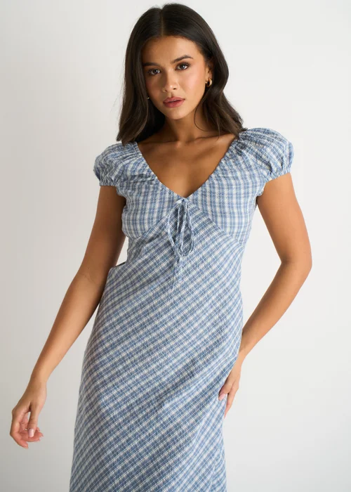 Gini London Blue V Neck Textured Gingham Midi Dress - 14 Image 3