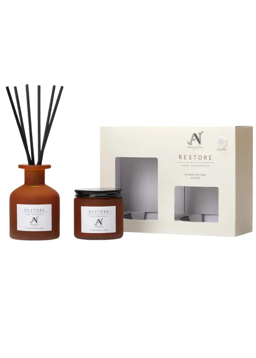 Aroma Naturals London Brown Aromatherapy Candle & Reed Diffuser Gift Set Restore Scent - M Image 1