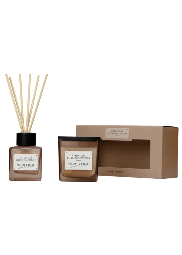 French Connection Scented Candle & Reed Diffuser Giftset Square Range Brown Praline & Cream (200g & 100ml)