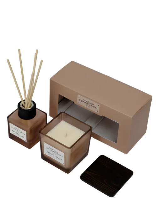 French Connection Scented Candle & Reed Diffuser Giftset Square Range Brown Praline & Cream (200g & 100ml) - One Size Image 2