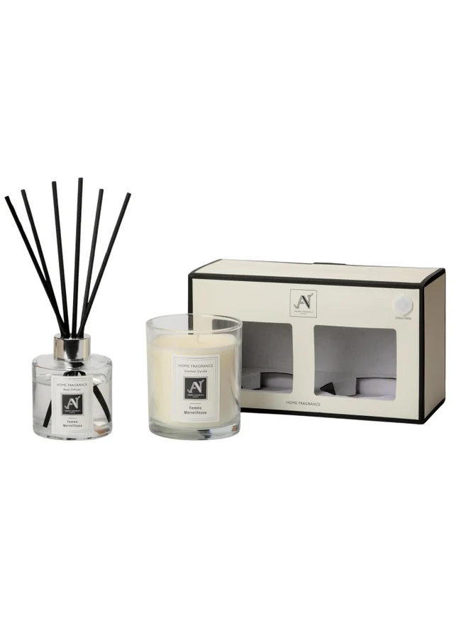 Aroma Naturals London White Minimalist Luxe Candle & Reed Diffuser Gift Set Femme Merveilleuse Scent