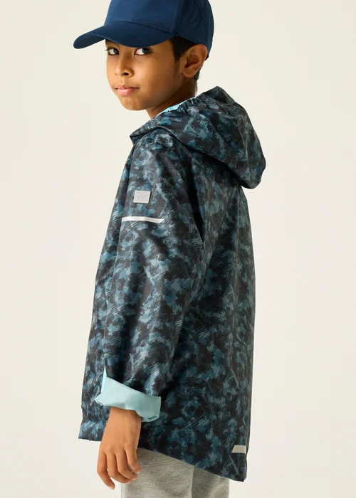 Regatta China Blue Scratched Camo Printed Lever II Waterproof Reflective Jacket (3-13 Years) - 13 Yrs Image 4