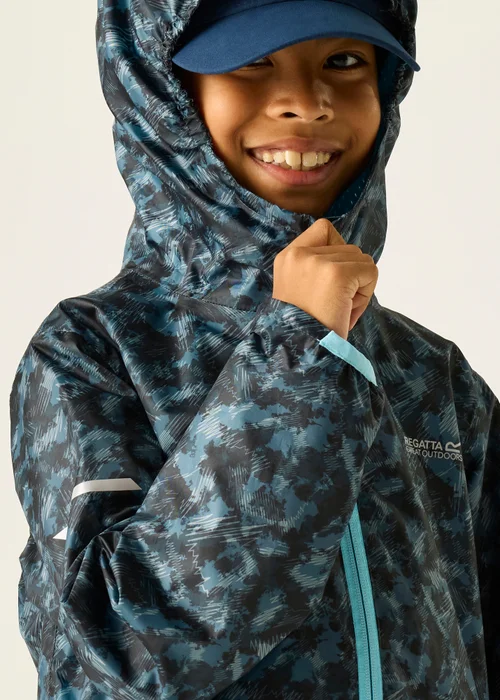 Regatta China Blue Scratched Camo Printed Lever II Waterproof Reflective Jacket (3-13 Years) - 13 Yrs Image 6