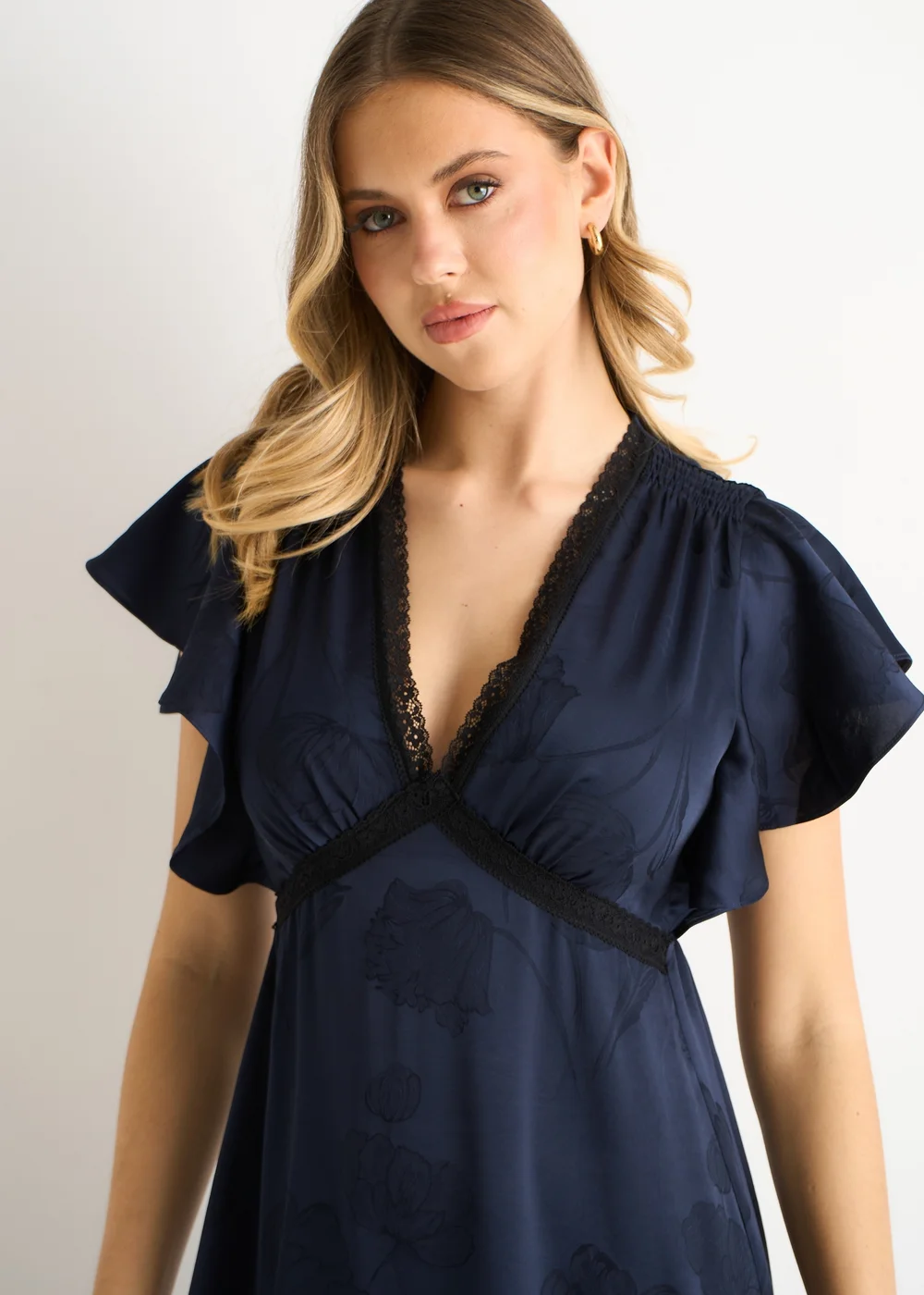 Gini London Navy Floral Satin Jacquard Lace Trim Midi Dress - 8 Image 3