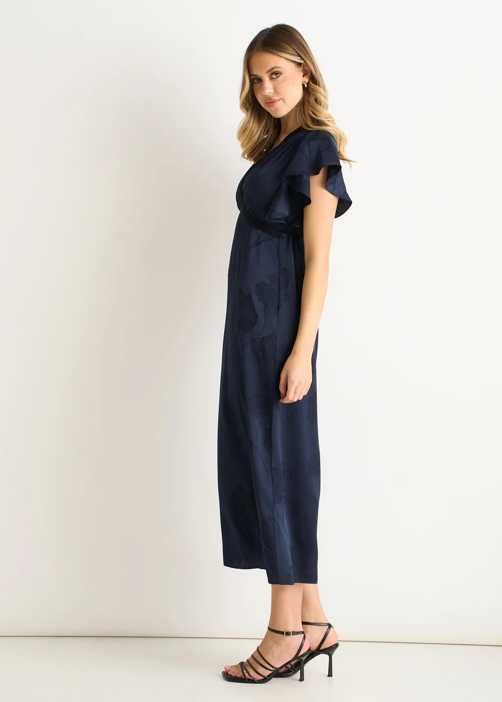 Gini London Navy Floral Satin Jacquard Lace Trim Midi Dress - 8 Image 4