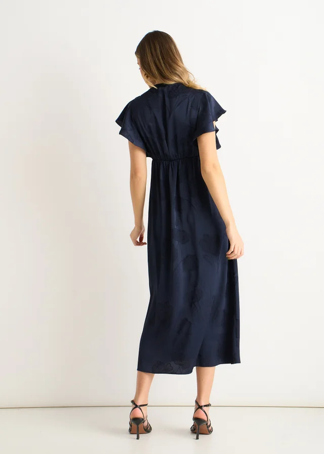 Gini London Navy Floral Satin Jacquard Lace Trim Midi Dress