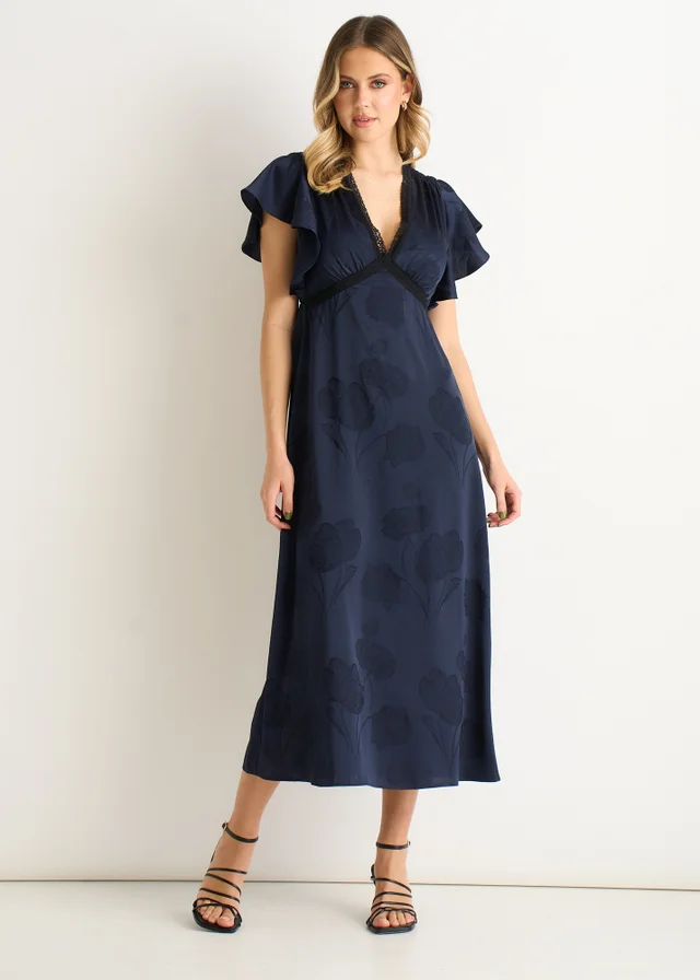 Gini London Navy Floral Satin Jacquard Lace Trim Midi Dress