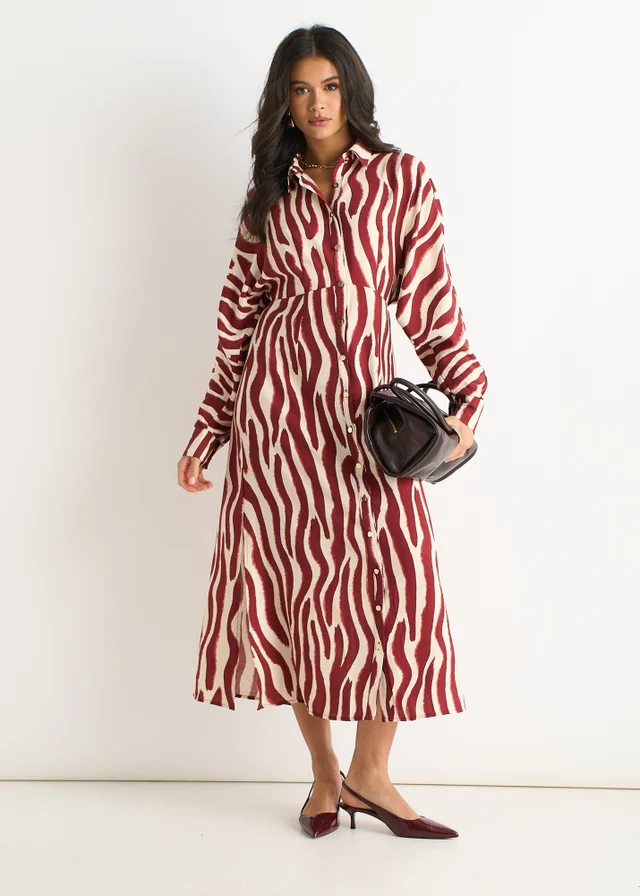 Gini London Burgundy Zebra Print Batwing Sleeves Shirt Dress