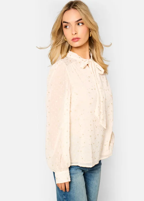 Gini London Oatmeal Tie Neck Long Sleeve Top - S/M Image 4