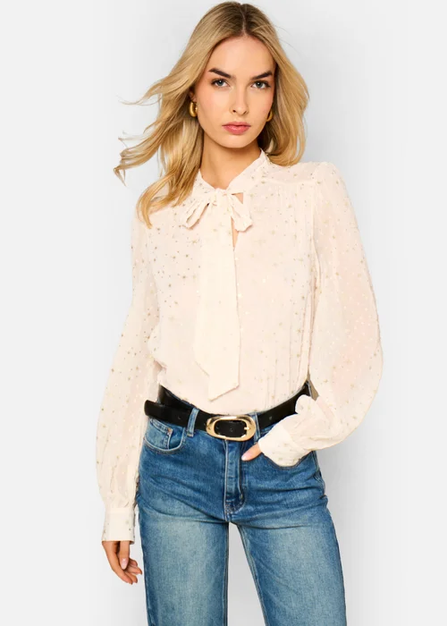 Gini London Oatmeal Tie Neck Long Sleeve Top - S/M Image 3