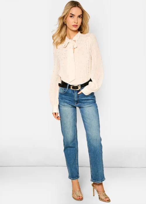 Gini London Oatmeal Tie Neck Long Sleeve Top - S/M Image 1
