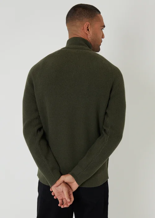 Threadbare Green Cotton Blend Rib Panel Quarter Zip Knitted Jumper - 2XL Image 2