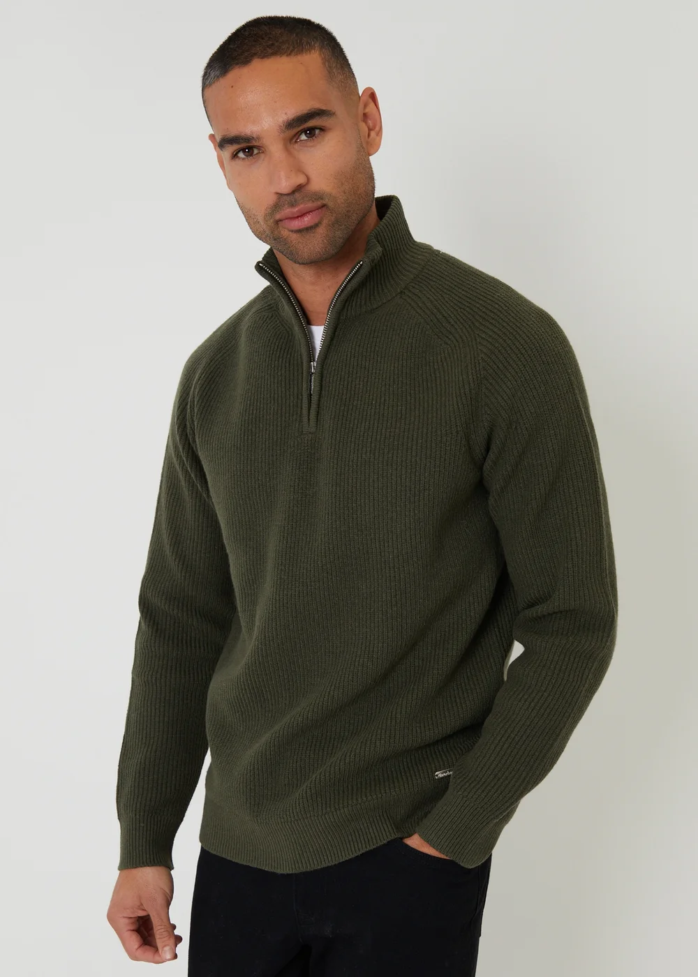 Threadbare Green Cotton Blend Rib Panel Quarter Zip Knitted Jumper - 2XL Image 1