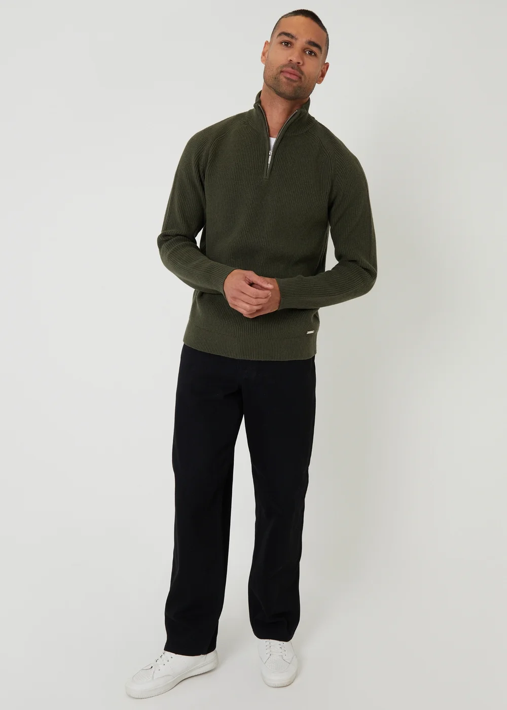 Threadbare Green Cotton Blend Rib Panel Quarter Zip Knitted Jumper - 2XL Image 3