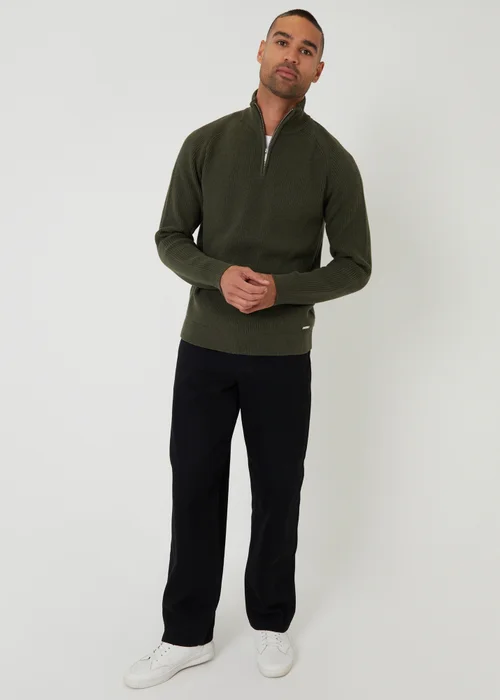 Threadbare Green Cotton Blend Rib Panel Quarter Zip Knitted Jumper - 2XL Image 3