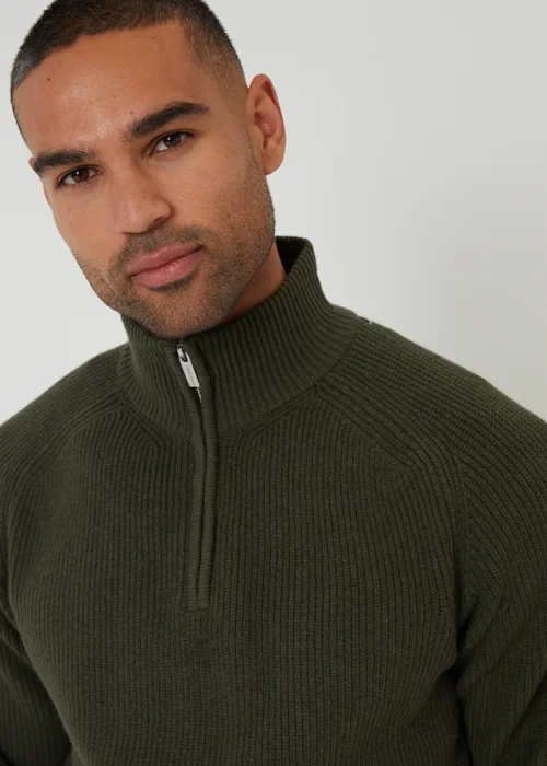 Threadbare Green Cotton Blend Rib Panel Quarter Zip Knitted Jumper - 2XL Image 4