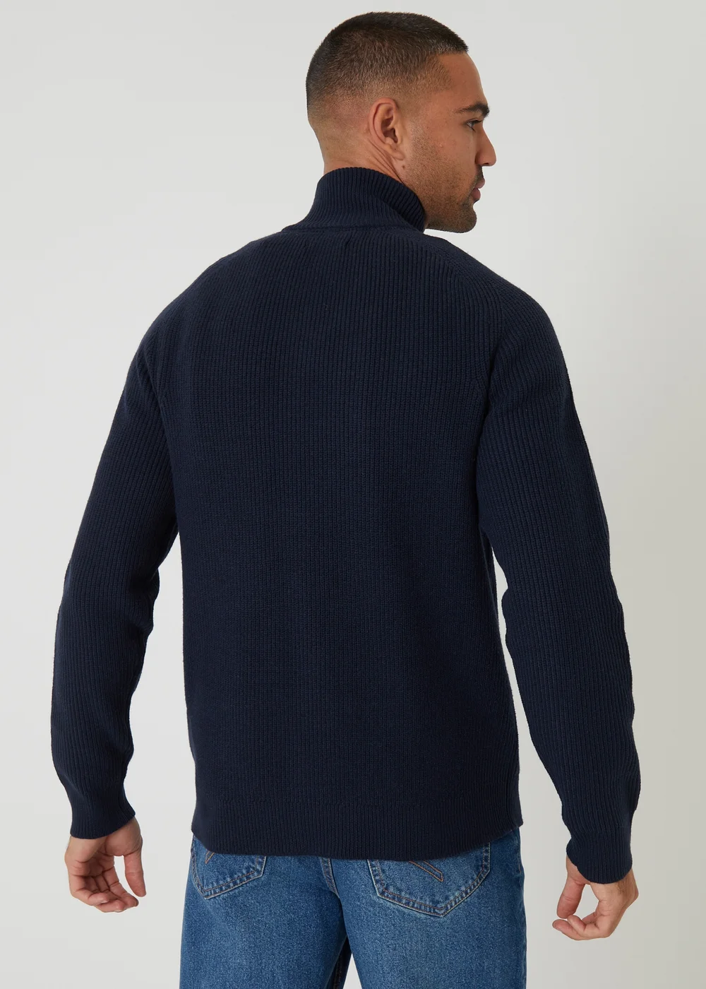 Threadbare Navy Cotton Blend Rib Panel Quarter Zip Knitted Jumper - 2XL Image 2