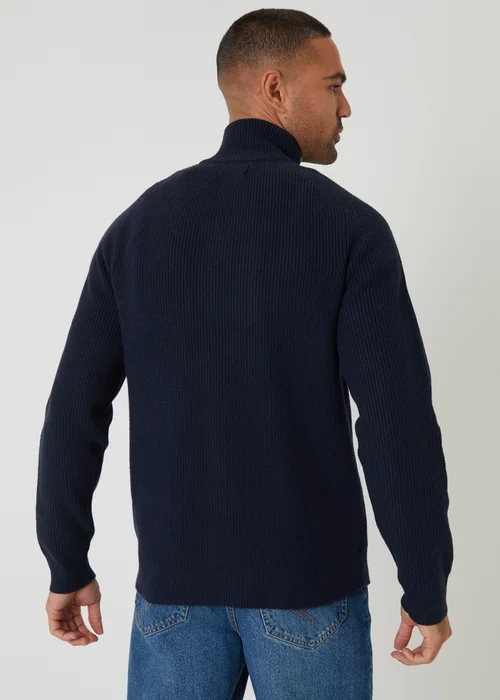 Threadbare Navy Cotton Blend Rib Panel Quarter Zip Knitted Jumper - 2XL Image 2