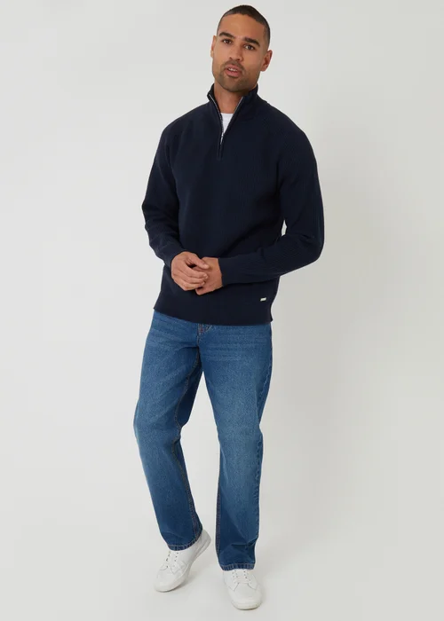 Threadbare Navy Cotton Blend Rib Panel Quarter Zip Knitted Jumper - 2XL Image 3