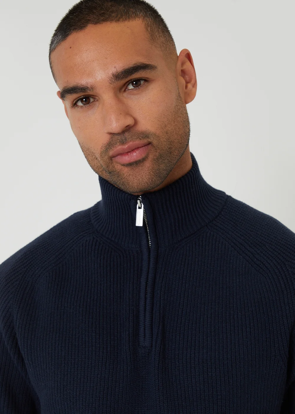 Threadbare Navy Cotton Blend Rib Panel Quarter Zip Knitted Jumper - 2XL Image 4
