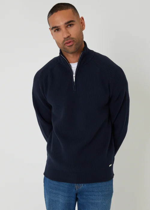 Threadbare Navy Cotton Blend Rib Panel Quarter Zip Knitted Jumper - 2XL Image 1