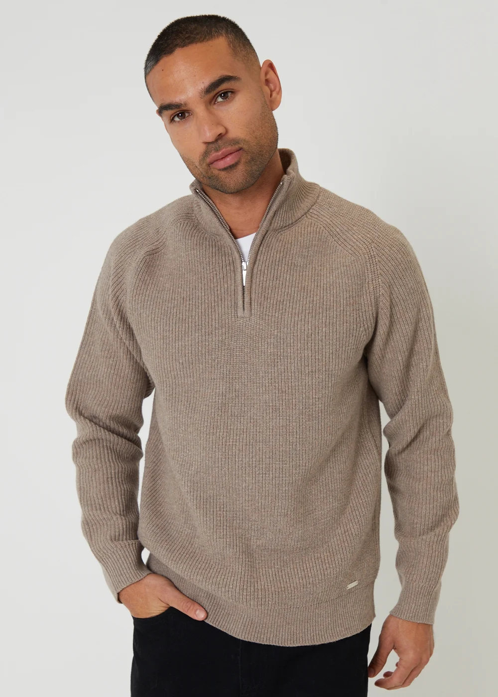 Threadbare Taupe Cotton Blend Rib Panel Quarter Zip Knitted Jumper - 2XL Image 1