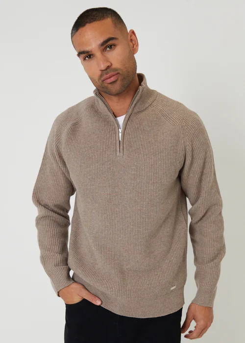 Threadbare Taupe Cotton Blend Rib Panel Quarter Zip Knitted Jumper - 2XL Image 1