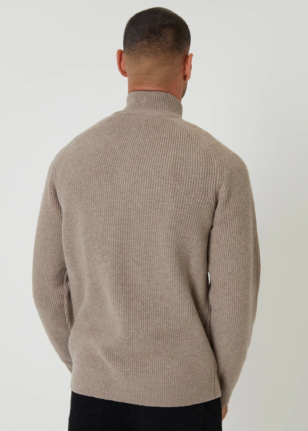 Threadbare Taupe Cotton Blend Rib Panel Quarter Zip Knitted Jumper - 2XL Image 2