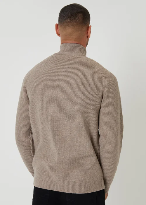 Threadbare Taupe Cotton Blend Rib Panel Quarter Zip Knitted Jumper - 2XL Image 2