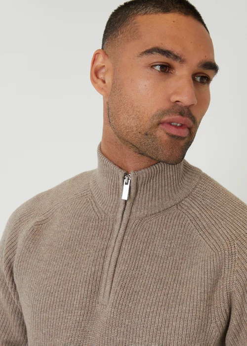 Threadbare Taupe Cotton Blend Rib Panel Quarter Zip Knitted Jumper - 2XL Image 4