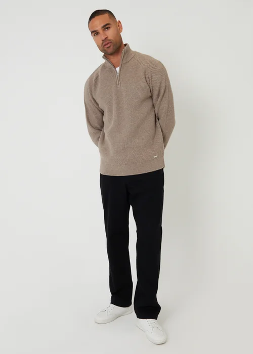 Threadbare Taupe Cotton Blend Rib Panel Quarter Zip Knitted Jumper - 2XL Image 3