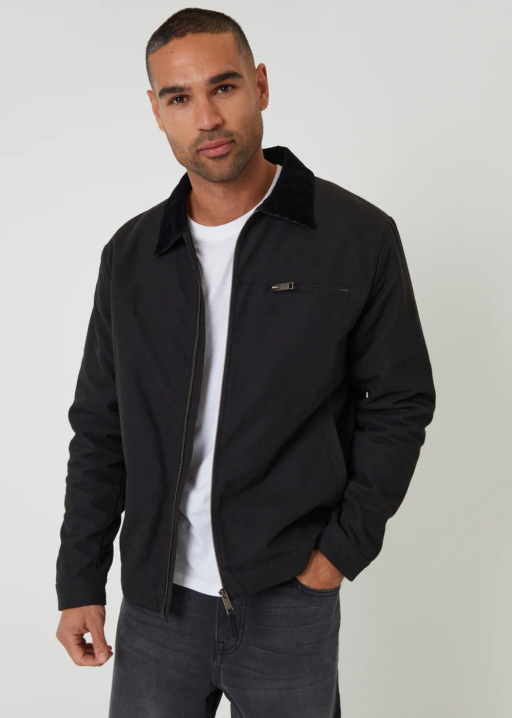 Threadbare Black Cotton Canvas Jacket With Corduroy Collar - S Image 1