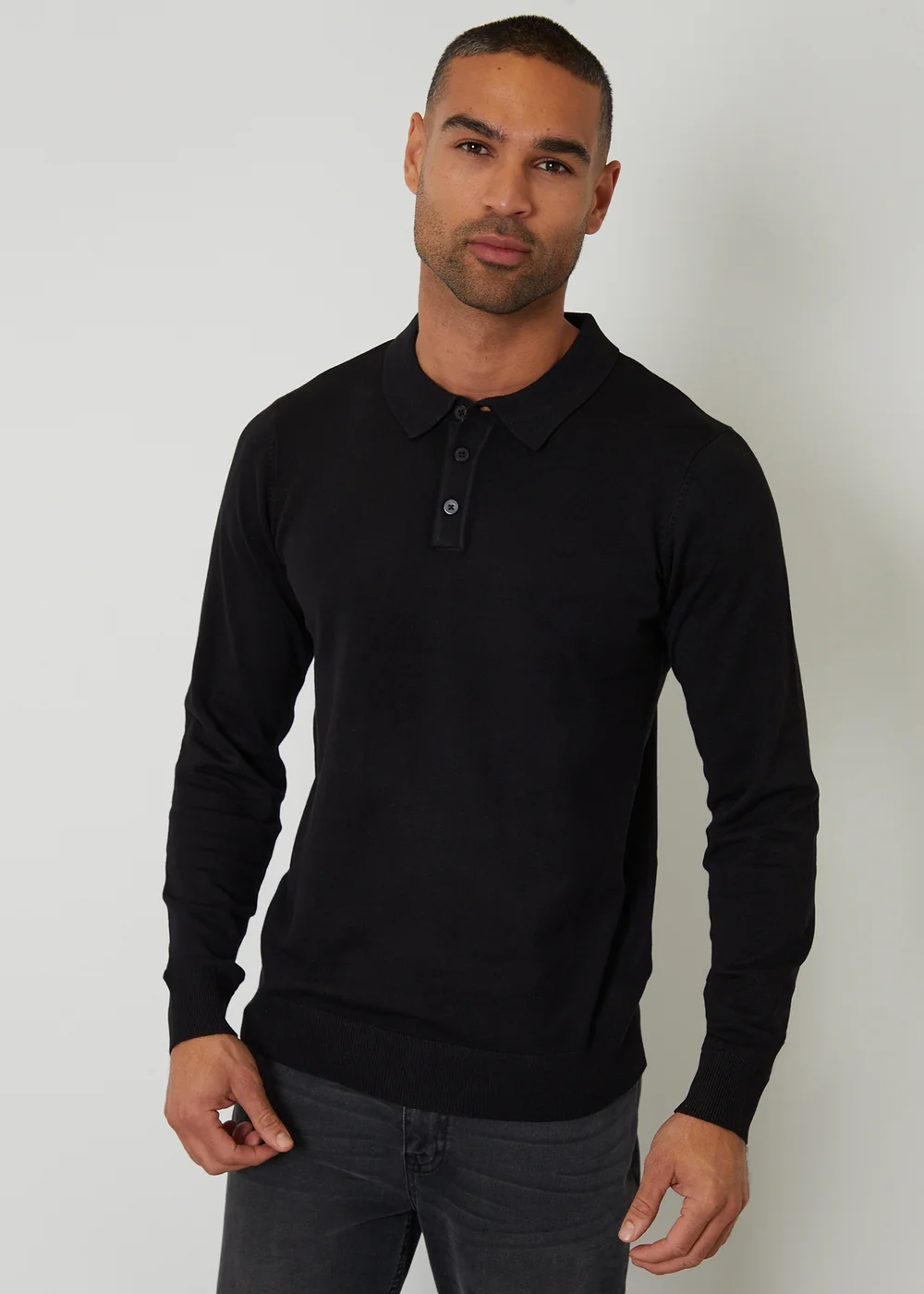 Threadbare Black Knitted Long Sleeve Polo Jumper - 2XL Image 1