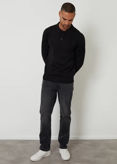 Threadbare Black Knitted Long Sleeve Polo Jumper - 2XL Image 3