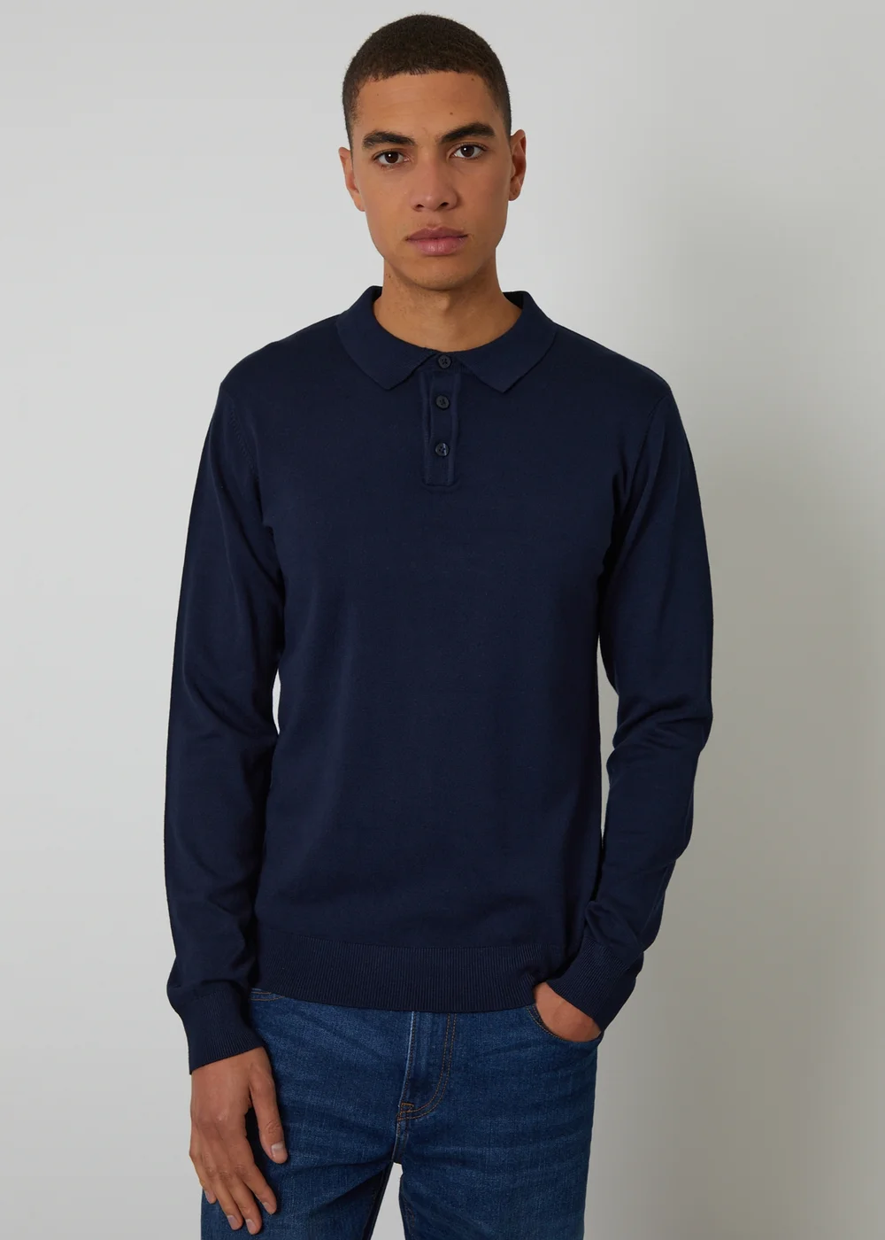 Threadbare Navy Knitted Long Sleeve Polo Jumper - S Image 1