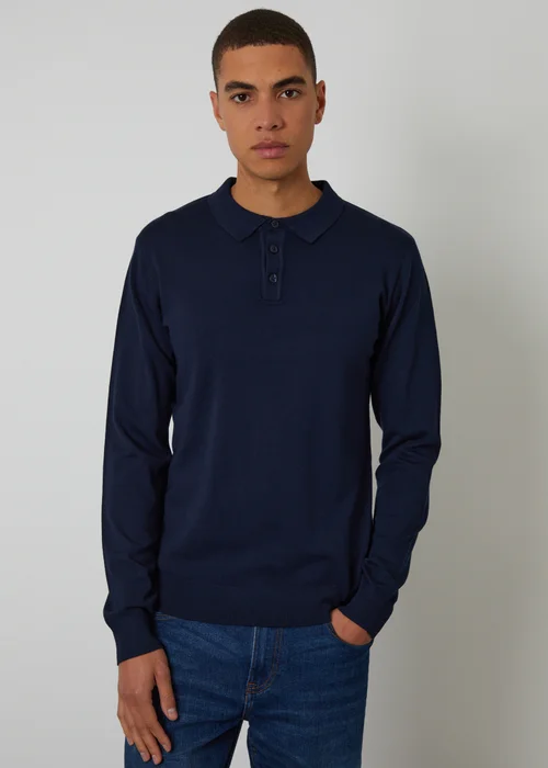 Threadbare Navy Knitted Long Sleeve Polo Jumper - S Image 1