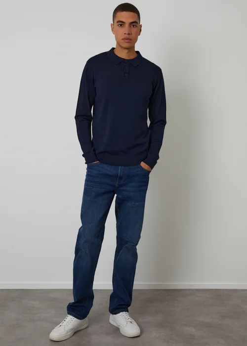 Threadbare Navy Knitted Long Sleeve Polo Jumper - S Image 3