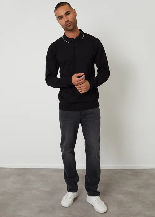 Threadbare Black Knitted Long Sleeve Polo Jumper - L Image 3