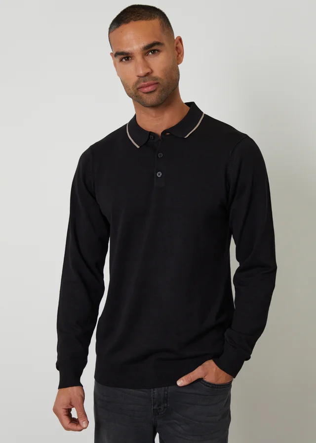 Threadbare Black Knitted Long Sleeve Polo Jumper