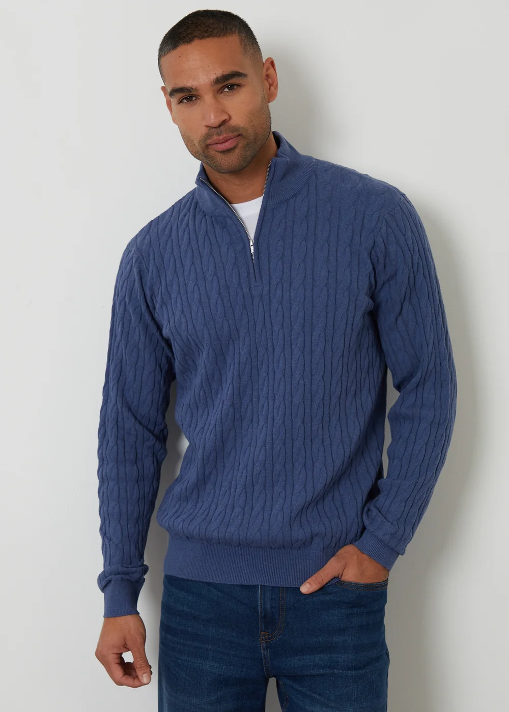 Threadbare Blue Cable Knit Quarter Zip Jumper - L Image 1