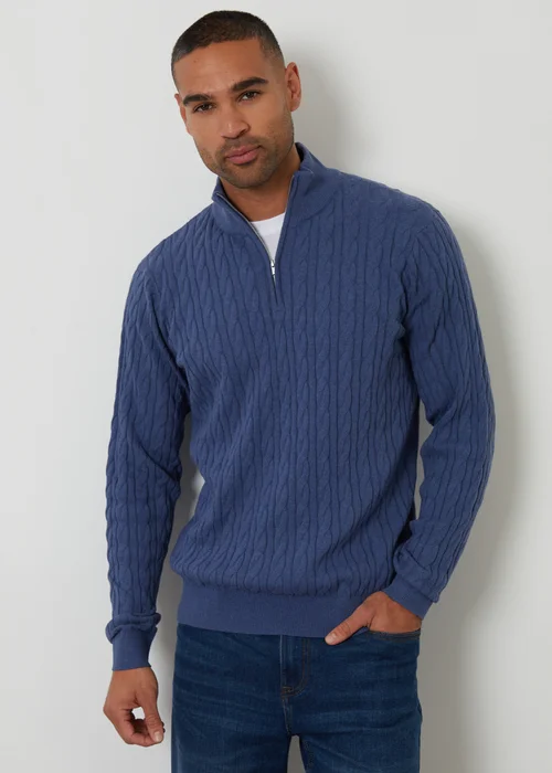 Threadbare Blue Cable Knit Quarter Zip Jumper - L Image 1