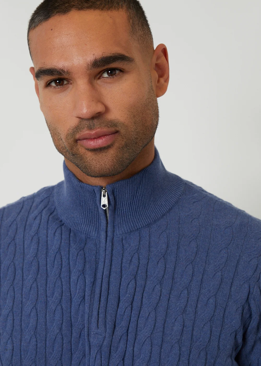 Threadbare Blue Cable Knit Quarter Zip Jumper - L Image 4