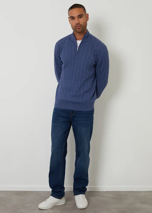 Threadbare Blue Cable Knit Quarter Zip Jumper - L Image 3
