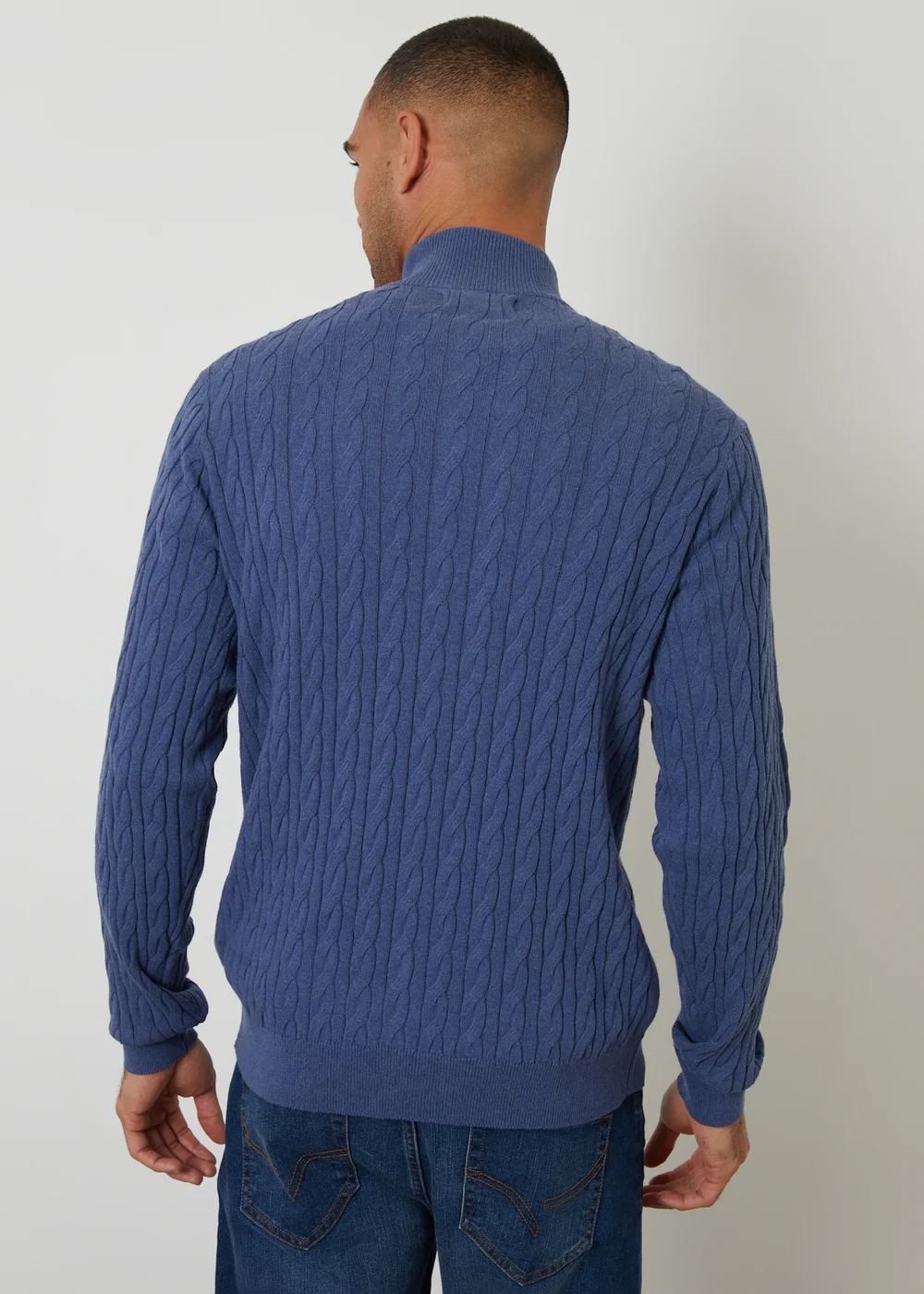 Threadbare Blue Cable Knit Quarter Zip Jumper - L Image 2