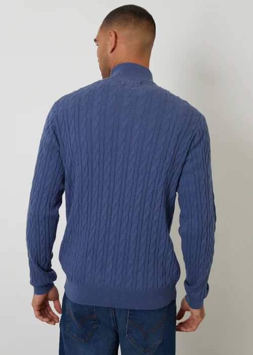 Threadbare Blue Cable Knit Quarter Zip Jumper - L Image 2