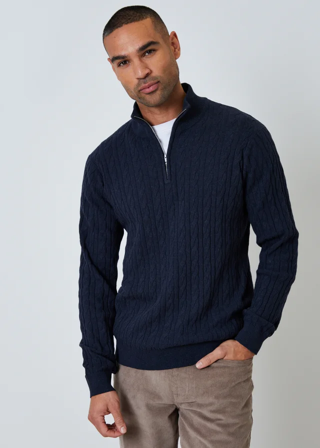 Threadbare Navy Cable Knit Quarter Zip Jumper