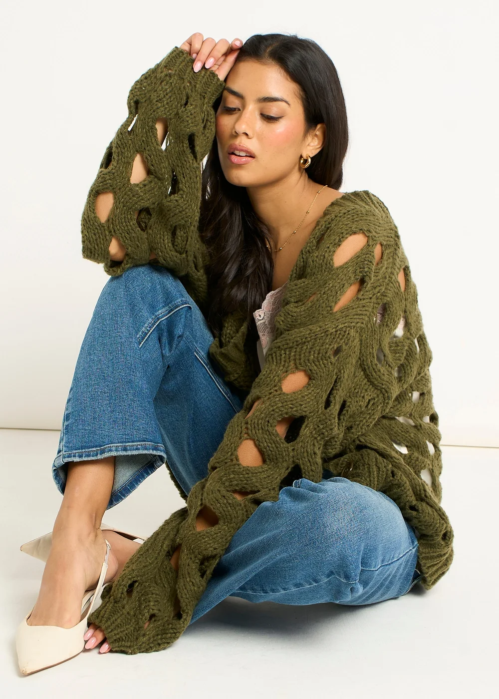 Gini London Khaki Hollow Chunky Knit Cardigan - M/L Image 4
