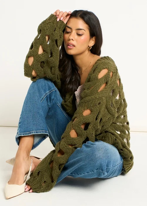 Gini London Khaki Hollow Chunky Knit Cardigan - M/L Image 4