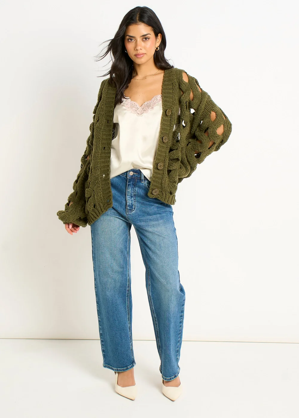 Gini London Khaki Hollow Chunky Knit Cardigan - M/L Image 1