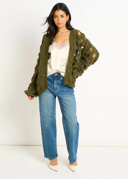 Gini London Khaki Hollow Chunky Knit Cardigan - M/L Image 1